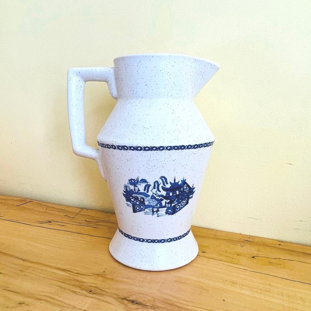 Vtg Nelson McCoy Pitcher Vase Blue Willow Speckled Stoneware Pagoda Asian Decor